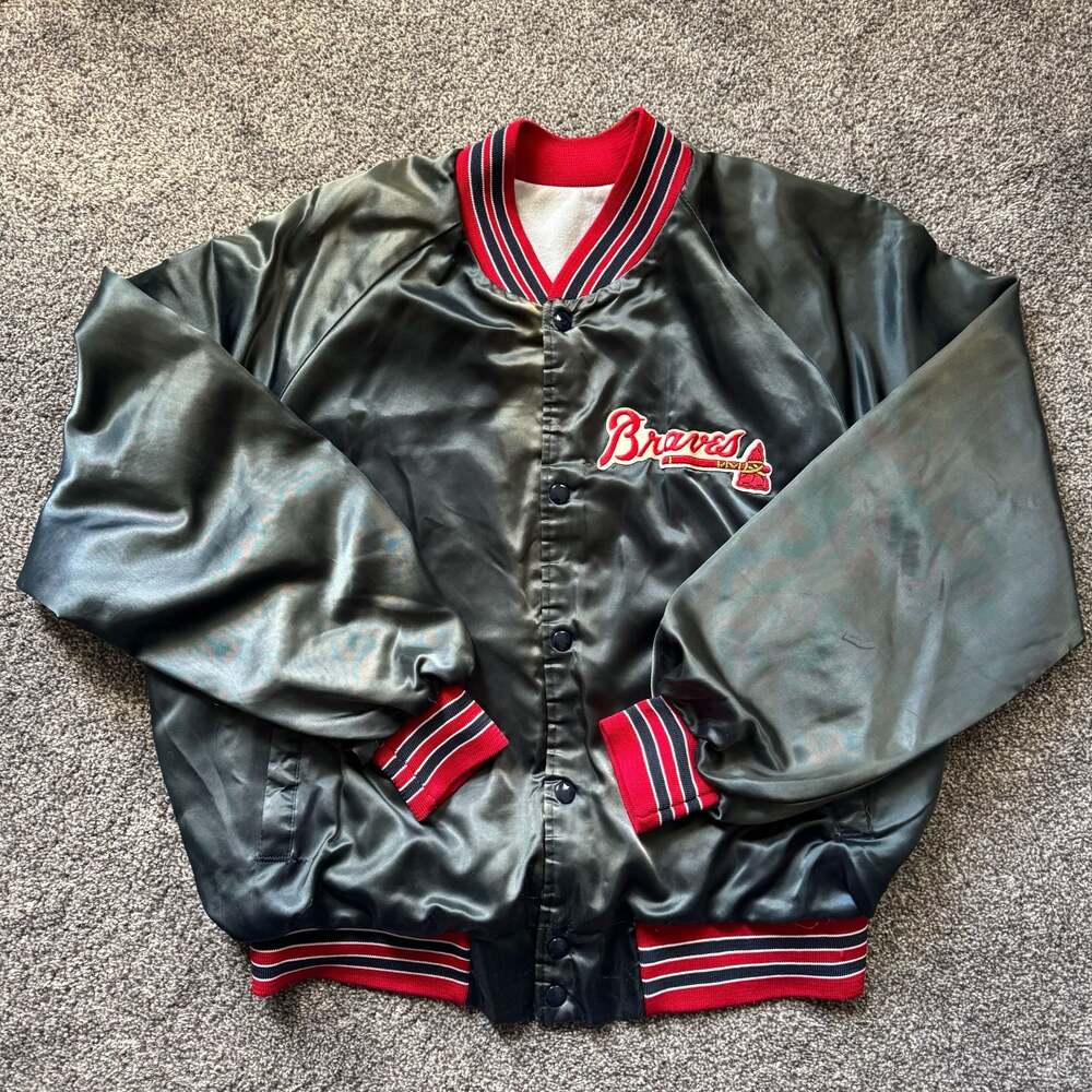 Vintage Atlanta Braves Satin Bomber Jacket XL Locker Line 80s 90s MLB Snap Front